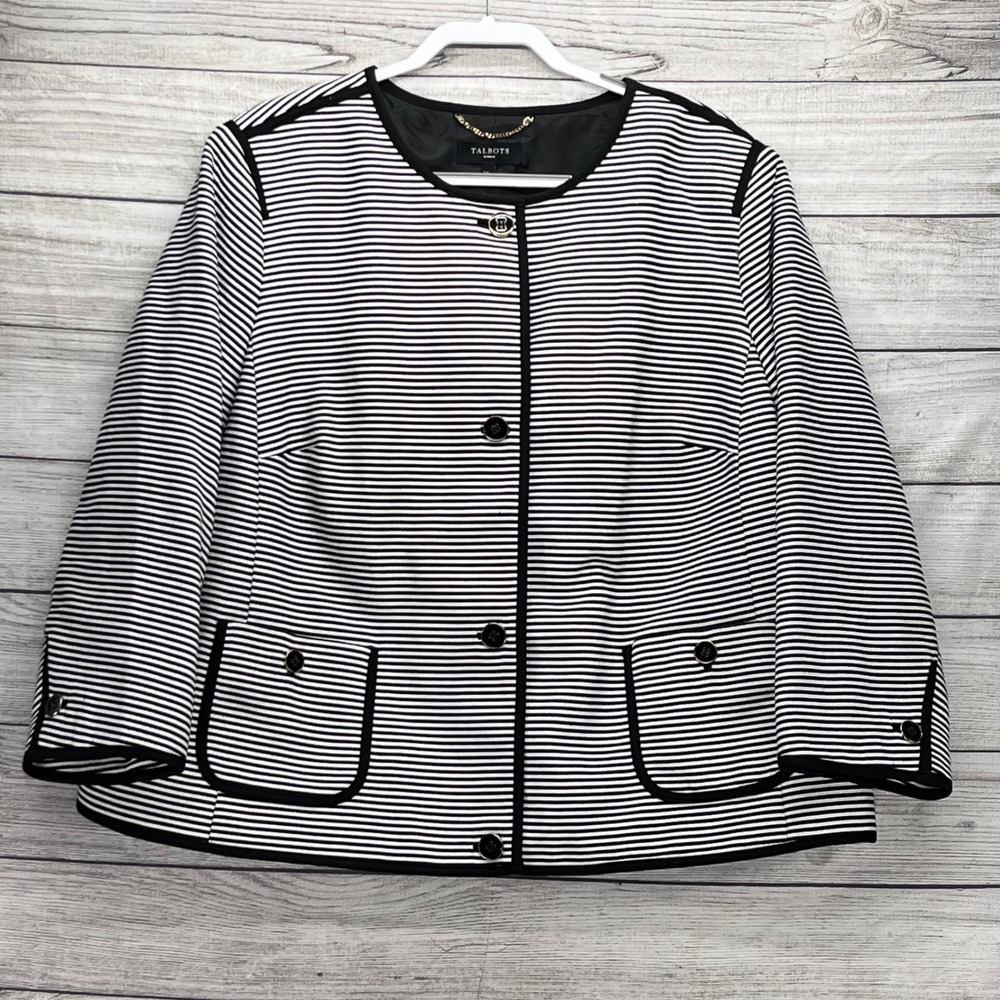Talbots Woman Black White Striped Button Front Jacket Blazer 24W Cotton Blend